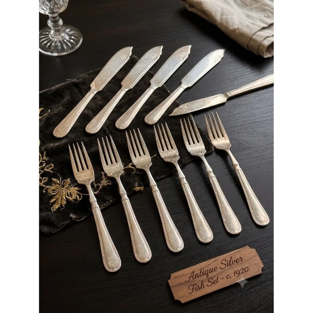 12-Piece EPNS Silver Plated Fish Cutlery Set c. 1920s Knives Forks Antique
